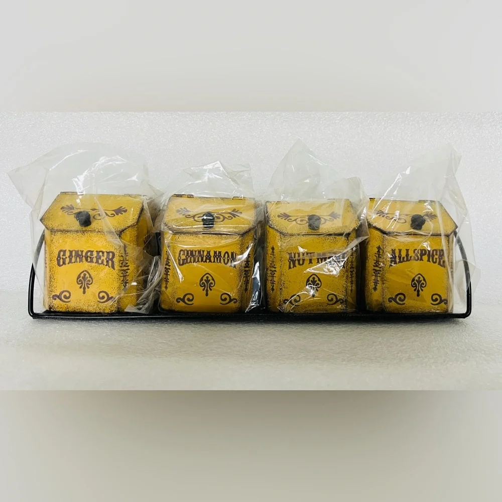 Vintage tin spice containers with rack - can be hung on the wall too